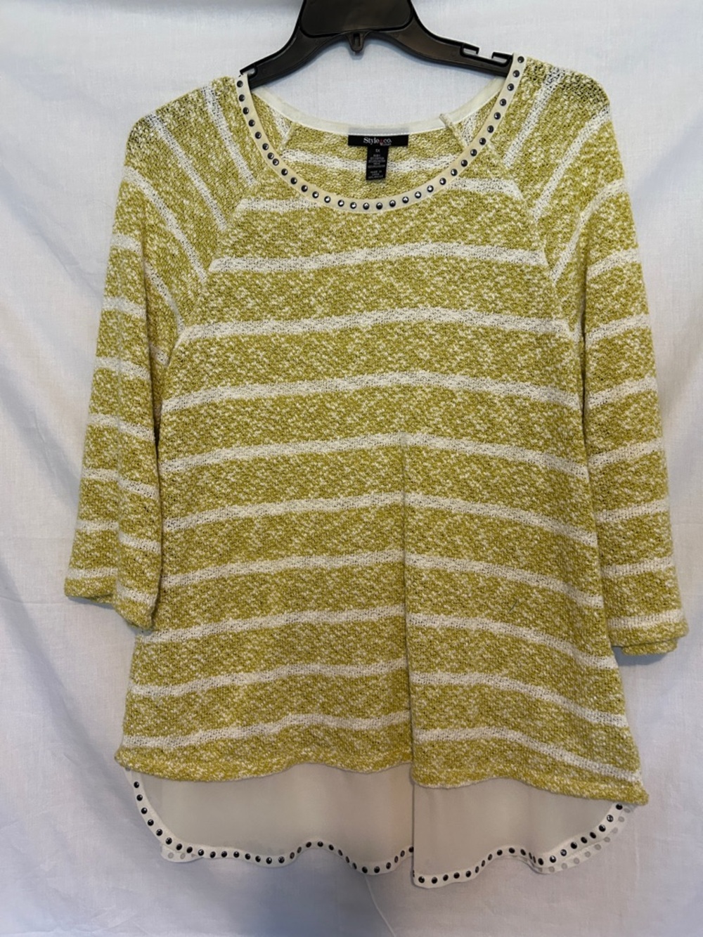 Style & Co. Olive & White Striped Stud-Trim Layered Top